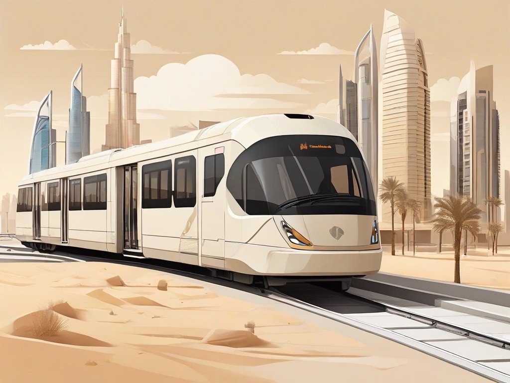 Minimalistisch vectorbeeld van Dubai openbaar vervoer met metro en bus in warme goud-beige tinten.