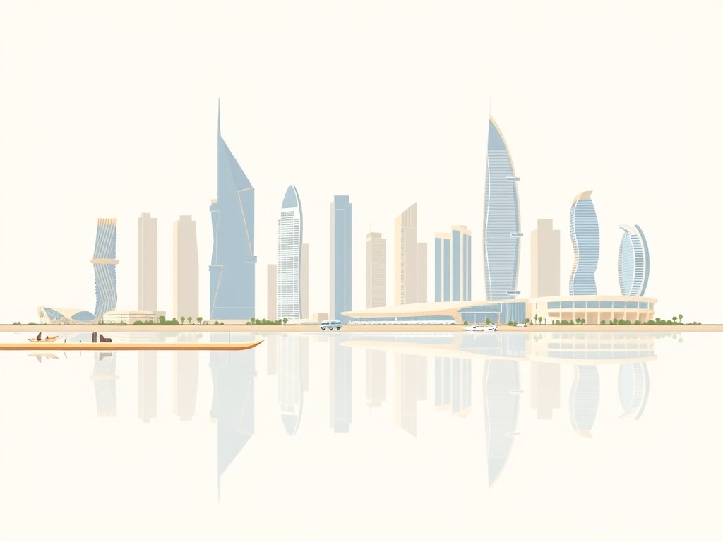 Minimalistische skyline van Business Bay met moderne wolkenkrabbers en waterpartijen in warme goud-beige tinten.