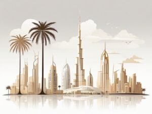 Moderne skyline van Dubai met woongebouwen en palmbomen in warme goud-beige tinten.