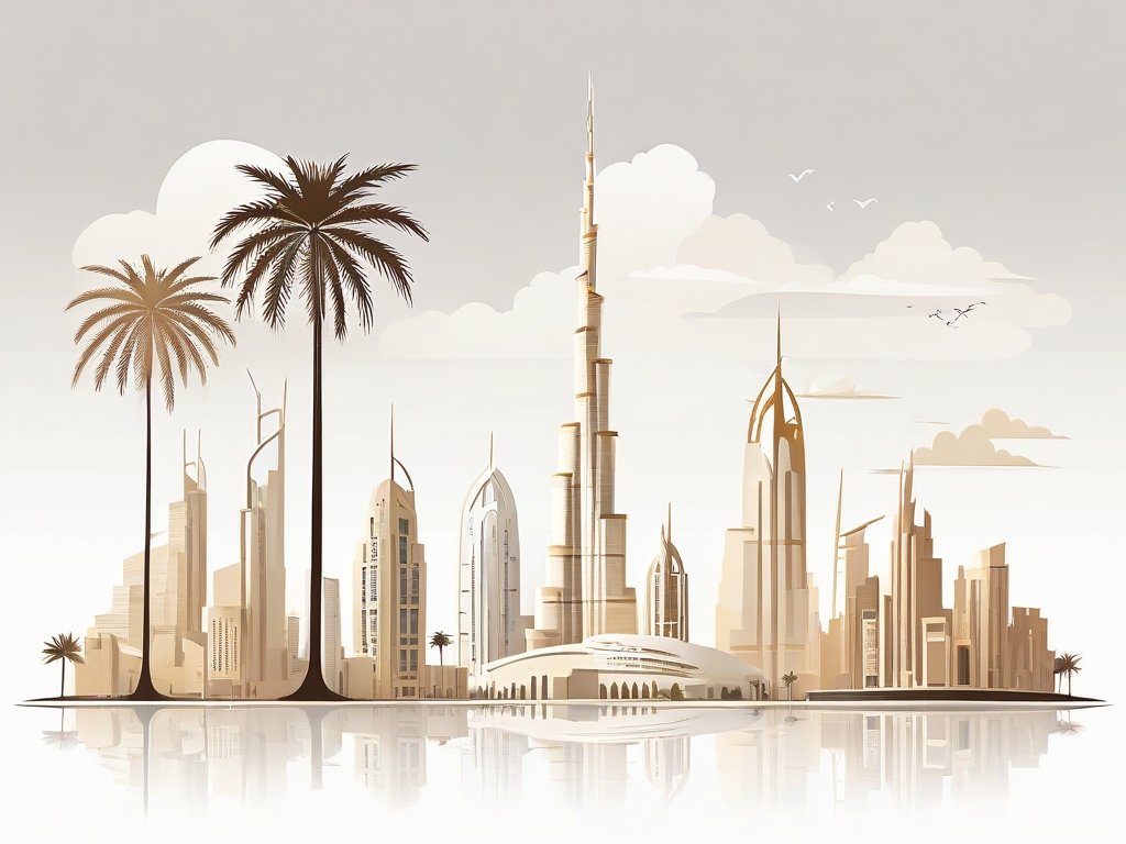 Moderne skyline van Dubai met woongebouwen en palmbomen in warme goud-beige tinten.