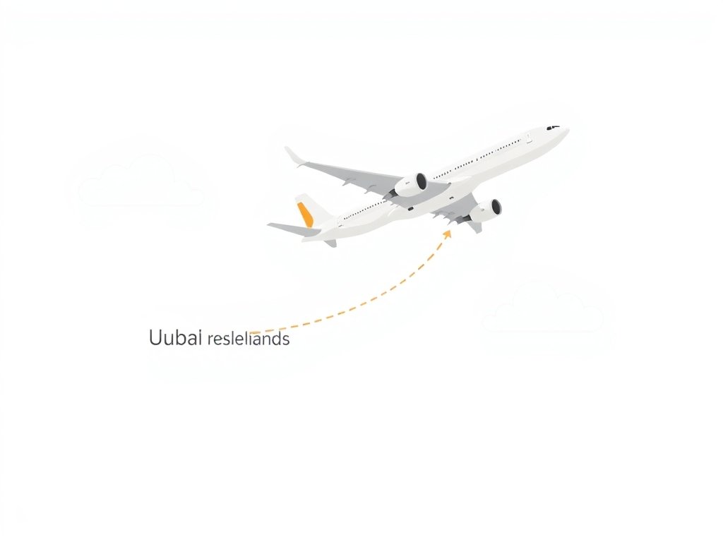 Vectorillustratie van een vliegtuig dat opstijgt met abstracte kaartlijnen die de vliegroute van Nederland naar Dubai aangeven.