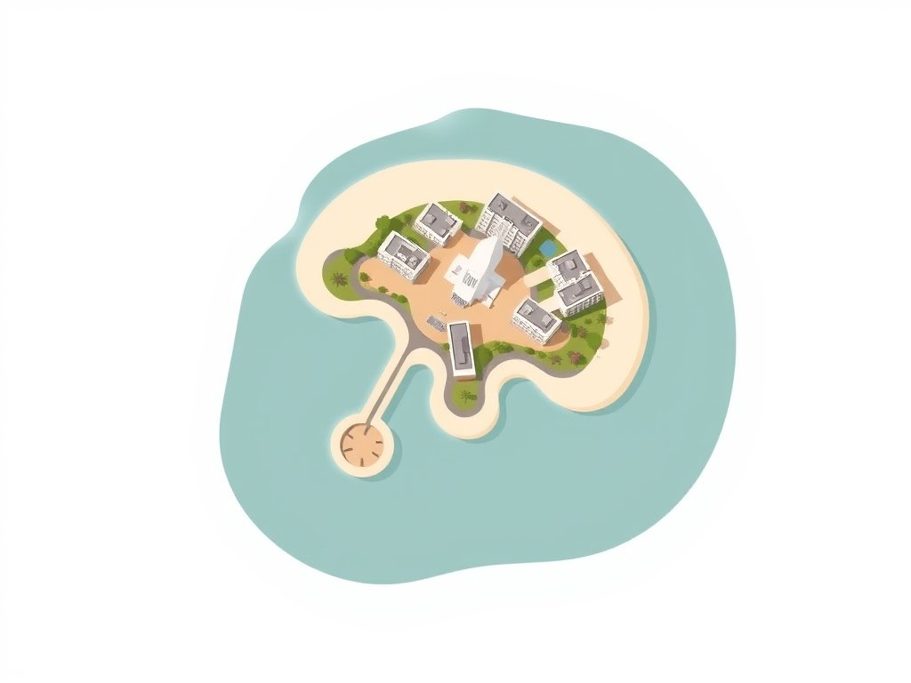 Luchtzicht op de Palm Jumeirah met luxe villa's en het koraalvormige eiland in warme goud-beige tinten.