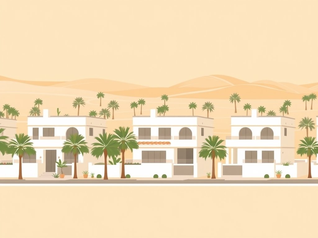 Moderne woonwijk met luxe villa's en palmbomen in Dubai in een minimalistische stijl.