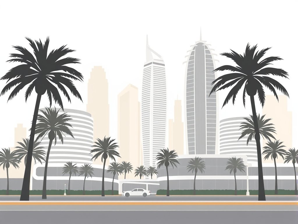 Moderne stedelijke levensstijl in Downtown Dubai met abstracte gebouwen en palmbomen in warme goud-beige en zachte grijstinten.