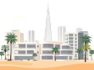 Moderne luxe villa's en hoogbouw in Dubai met Burj Khalifa op de achtergrond in warme woestijntinten.