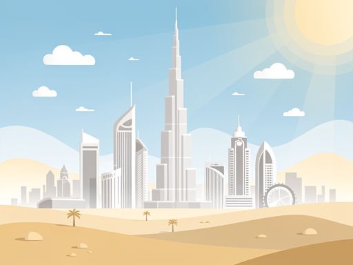 Minimalistische illustratie van de skyline van Dubai met zon en wolken in een warme woestijnkleurstelling.