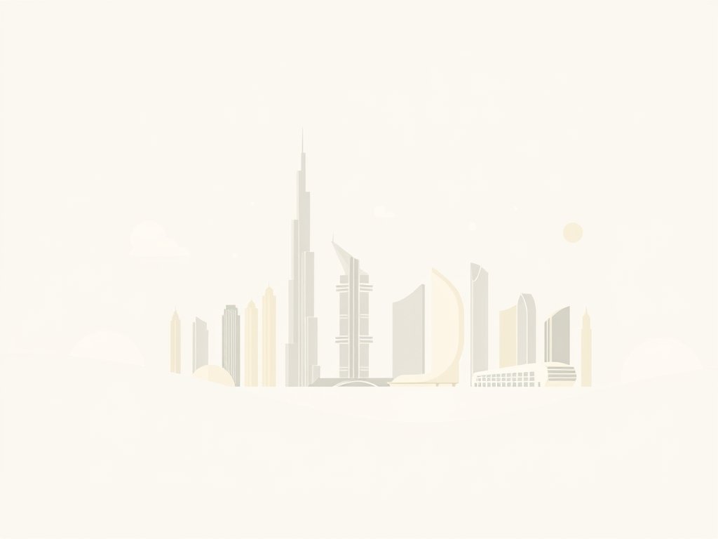 Abstracte skyline van Dubai met de Burj Khalifa in warme goud-beige en grijstinten.