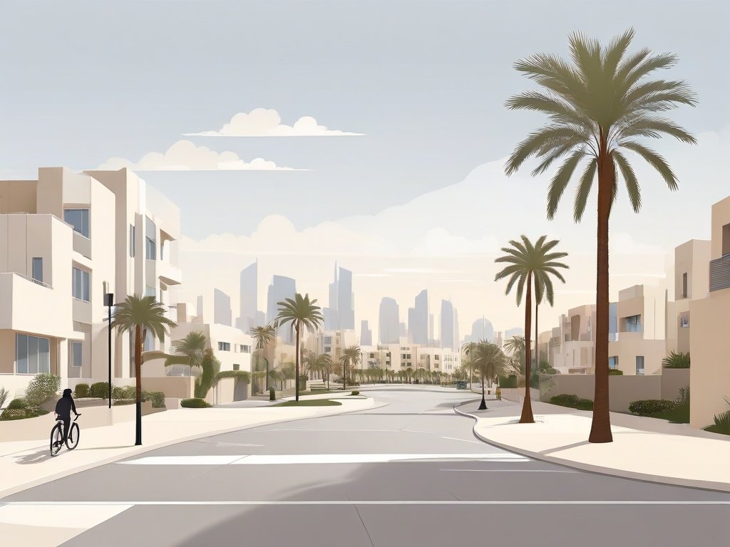 Moderne woonwijk met villa’s en palmbomen in Jumeirah Village Circle in een warm kleurenpalet.