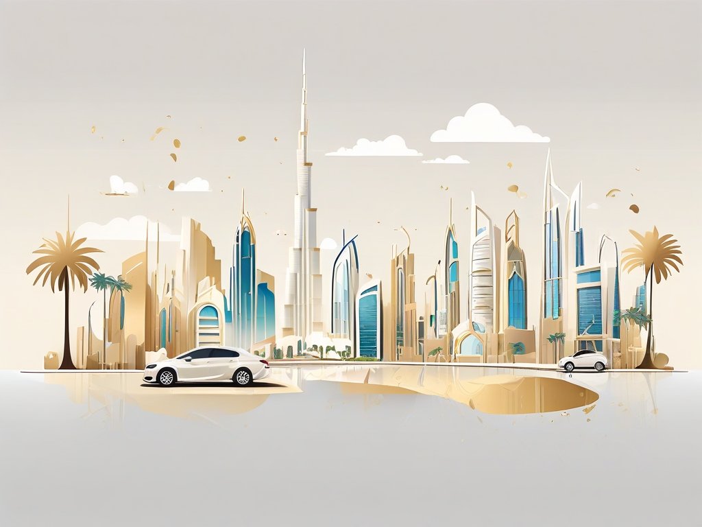 Gestileerde Dubai skyline met abstracte elementen die autokopen en digitale interacties visualiseren in warme kleuren.