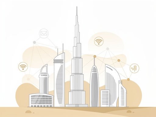 Minimalistische illustratie van de Dubai skyline met digitale verbindingssymbolen en warme woestijnkleuren.