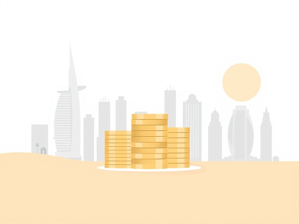 Abstracte financiële symbolen met Dubai architectuur in warme goud-beige kleuren.