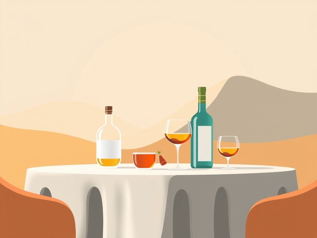 Abstracte illustratie van glazen en flessen met warme woestijnkleuren in een minimalistische stijl.