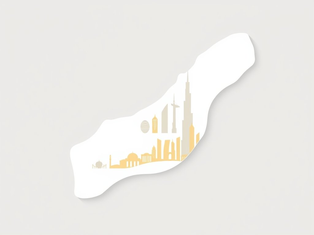 Minimalistische kaart en architectuursilhouetten van Dubai gecombineerd met Nederlandse elementen.