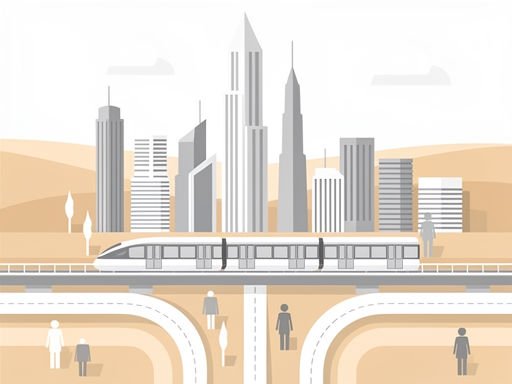 Vectorillustratie van Dubai skyline met metrolijn en abstracte transportinfrastructuur in warme goudtinten.