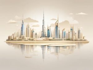 Moderne skyline van Dubai met iconische gebouwen en abstracte real estate contract symbolen in warme goud-beige tinten.