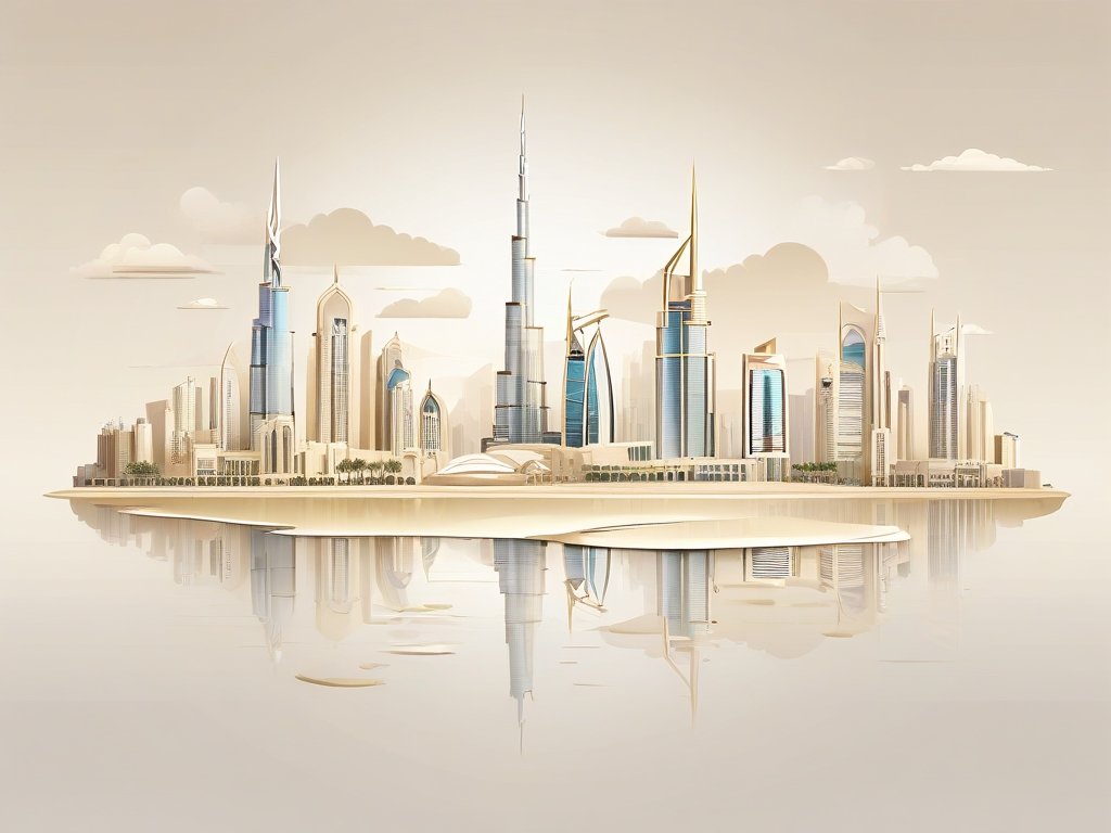 Moderne skyline van Dubai met iconische gebouwen en abstracte real estate contract symbolen in warme goud-beige tinten.