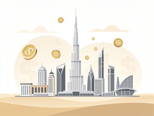 Dubai skyline met abstracte munteenheid symbolen in warme goud-beige tinten.