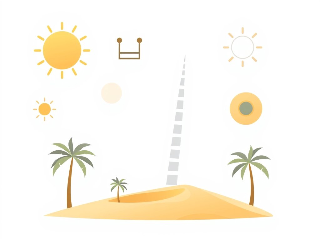 Abstracte illustratie met zon, temperatuur symbolen, duinen en palmbomen in woestijnachtige kleuren.