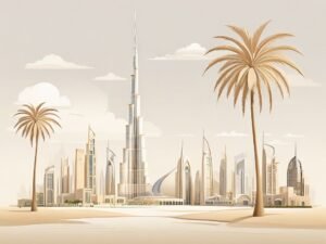 Moderne Dubai skyline met luxe woningen en palmbomen in een warme woestijnkleurstelling.
