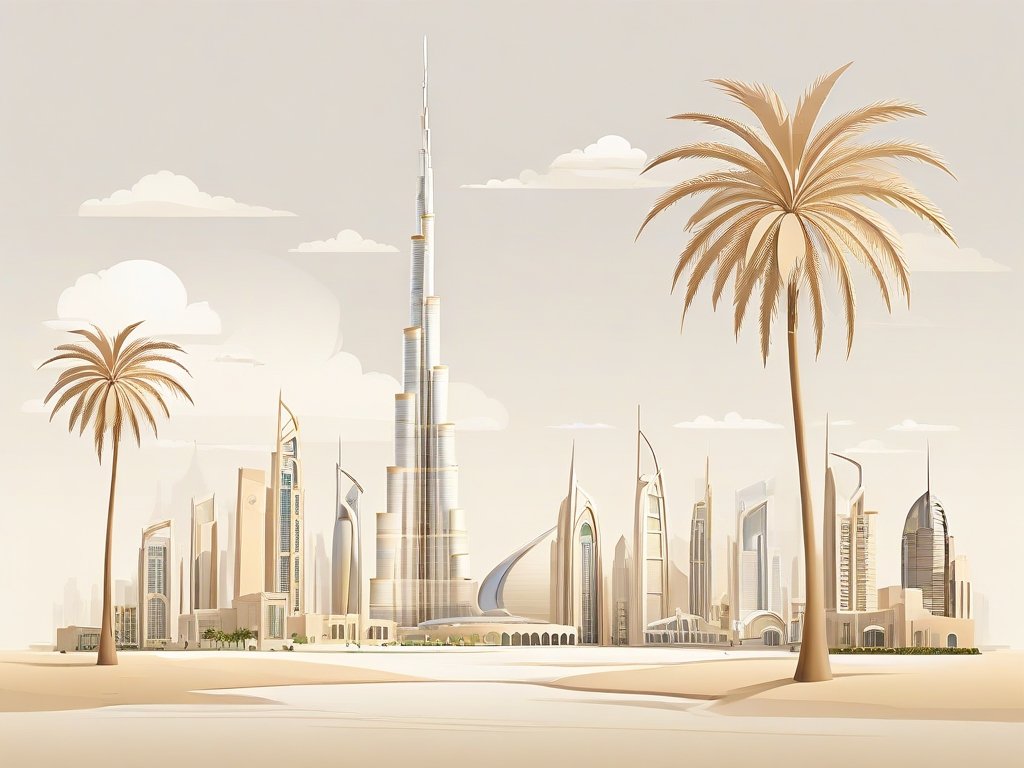 Moderne Dubai skyline met luxe woningen en palmbomen in een warme woestijnkleurstelling.