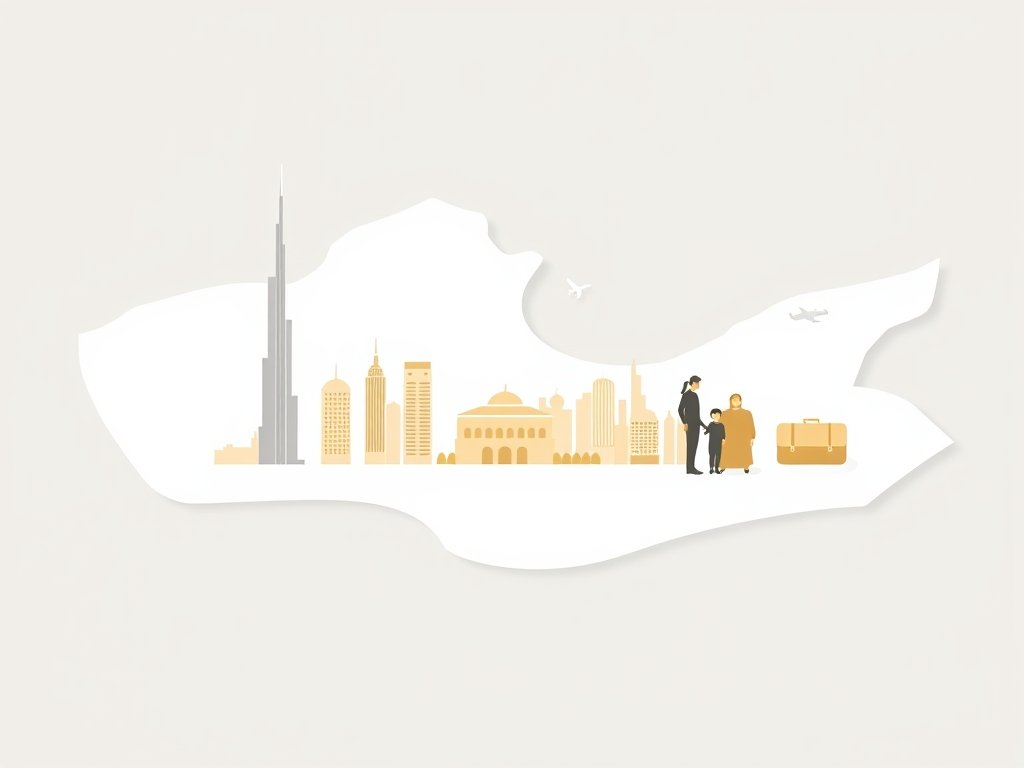Abstracte kaart en Dubai-landmerken met symbolen van emigratie en familie in moderne flat-style vector.