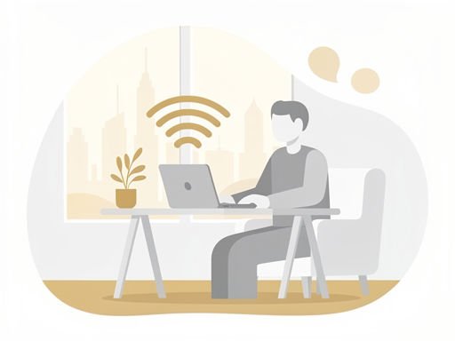 Minimalistisch interieur met laptop en Wi-Fi signalen in warme woestijnkleuren, met een silhouet en Dubai stadszicht.