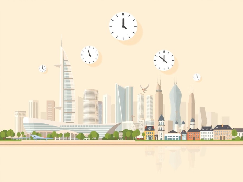 Minimalistische skyline van Dubai en Nederland met abstracte klokken die tijdsverschillen symboliseren.