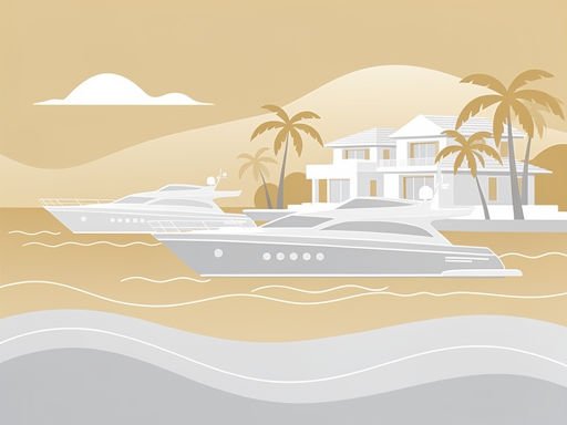 Abstracte illustratie van luxe jachten en villa's bij Palm Jumeirah in een warm goud-beige palet.