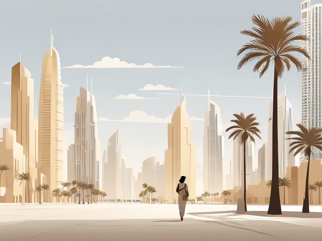 Abstracte moderne woonomgeving met gebouwen en genderneutrale silhouet bij Dubai Marina.