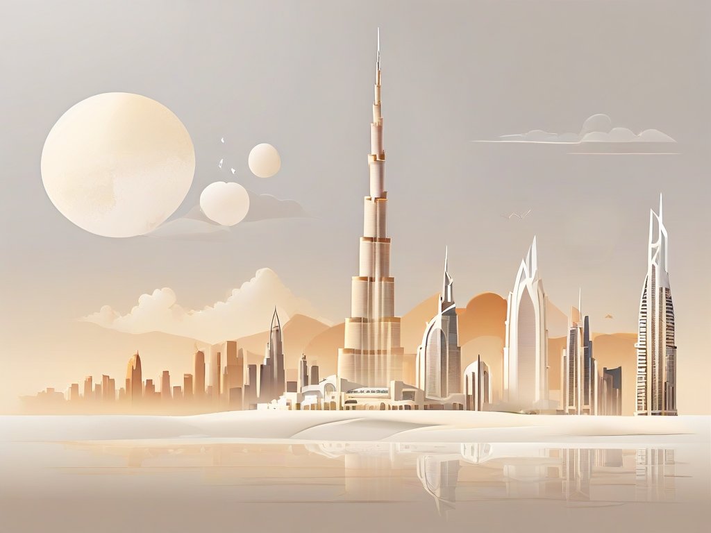 Minimalistische illustratie van de skyline van Dubai met moskeeën en woestijnkleurige tinten tijdens Ramadan.
