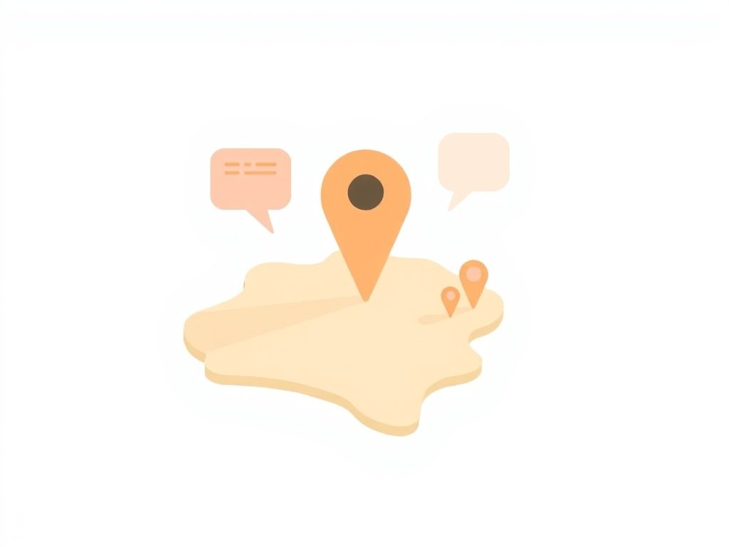 Minimalistische kaart met locatiepictogram en abstracte gesprekssymbolen in Dubai-kleuren.