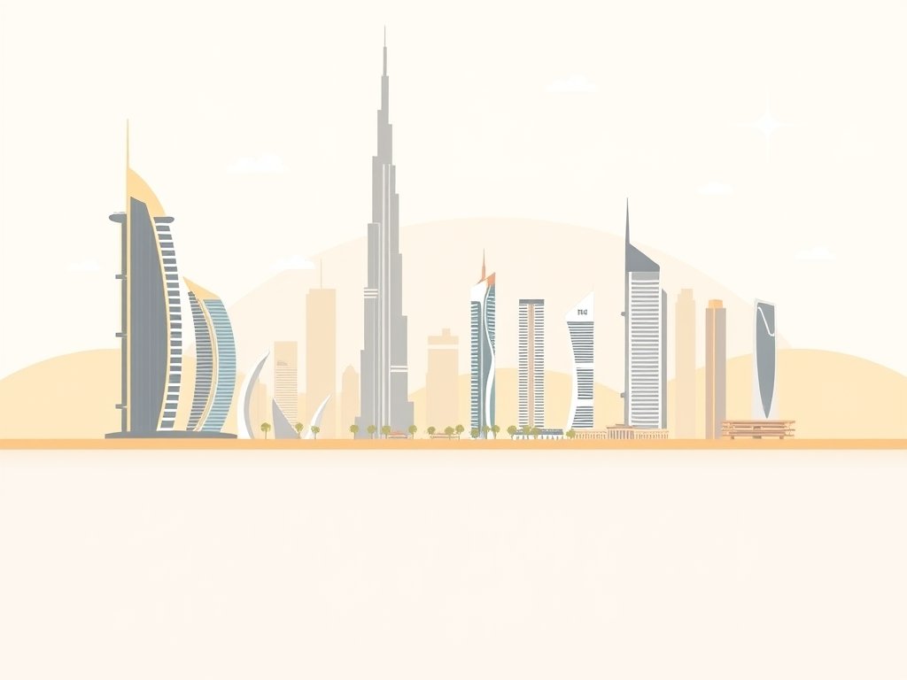 Moderne Dubai skyline met iconische wolkenkrabbers en abstracte zakelijke elementen in warme goud-beige tinten.