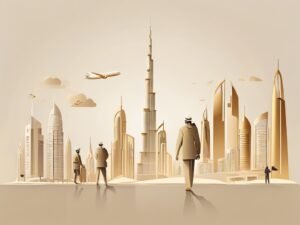 Dubai skyline met abstracte silhouetten en financiële symbolen in warme woestijnkleuren.