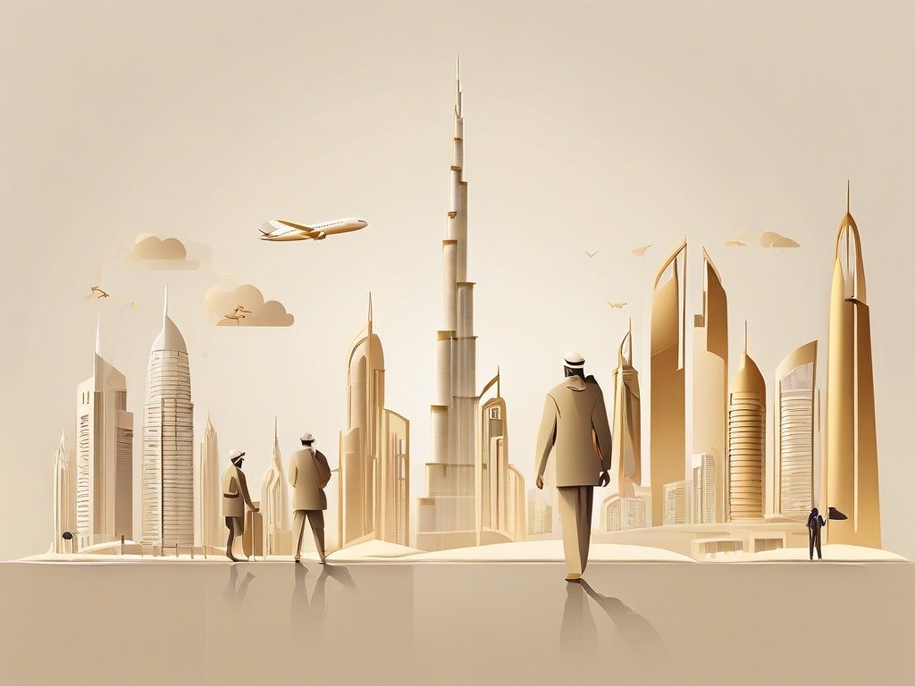 Dubai skyline met abstracte silhouetten en financiële symbolen in warme woestijnkleuren.