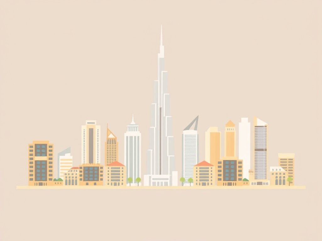 Dubai skyline met moderne woongebouwen en de Burj Khalifa in een minimalistische vlakke stijl.