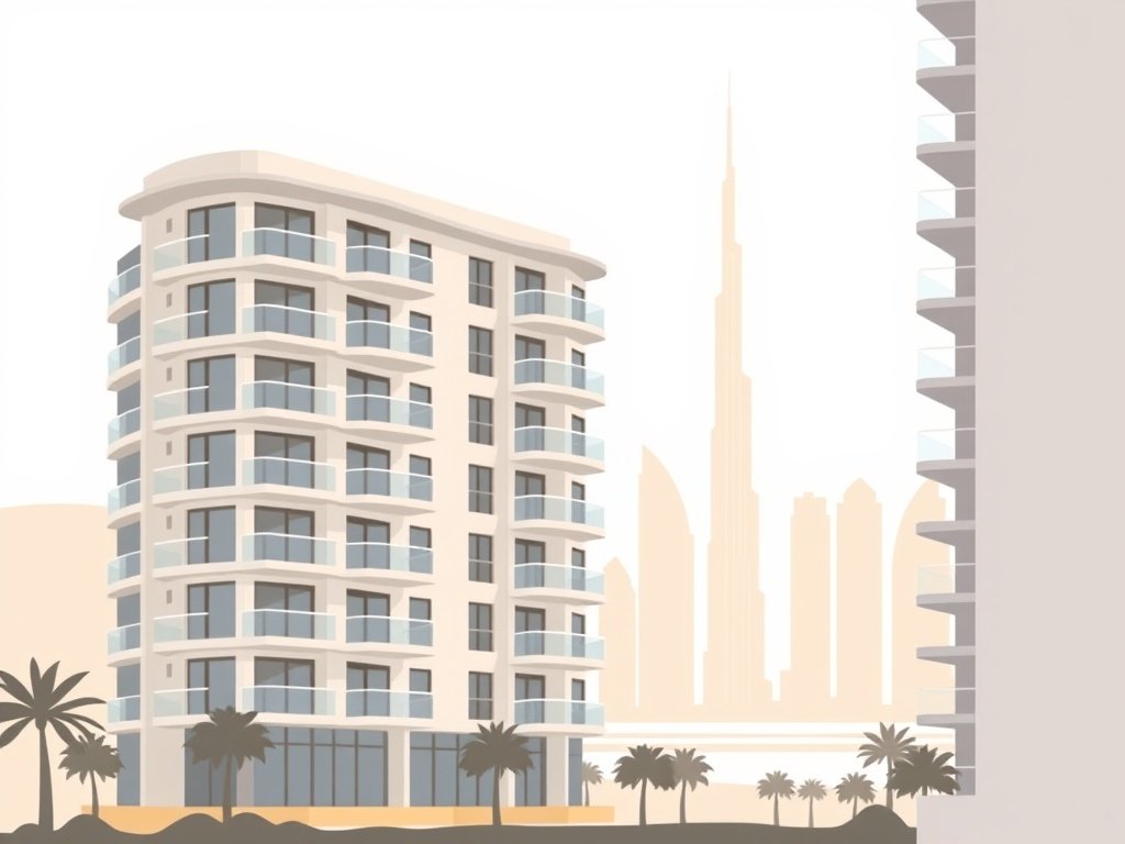 Minimalistische illustratie van een modern Dubai appartementengebouw met skyline op achtergrond.