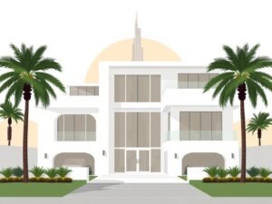 Moderne luxe villa met palmbomen en de Burj Khalifa in de achtergrond in warme desertkleuren.