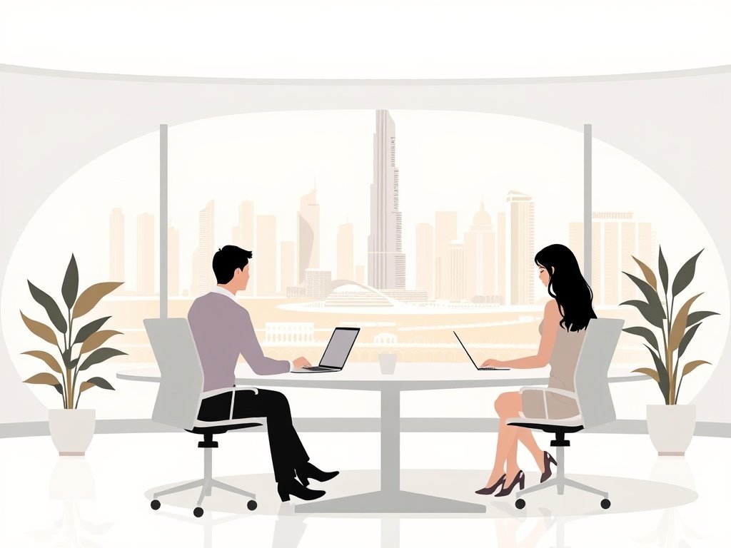 Moderne kantoorinterieur met uitzicht op de Dubai skyline en abstracte genderneutrale silhouetten.