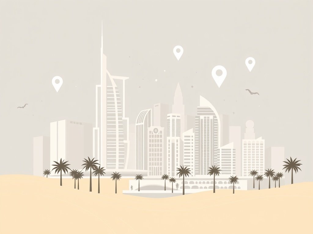 Minimalistische stadsgezicht van Dubai met iconische wolkenkrabbers en abstracte locatie elementen.