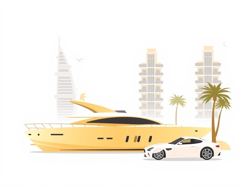 Luxueuze penthouses, sportwagen en jacht in een warme goud-beige woestijnstijl.