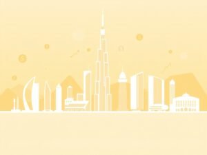 Moderne skyline van Dubai met abstracte financiële elementen in warme goud-beige tinten.