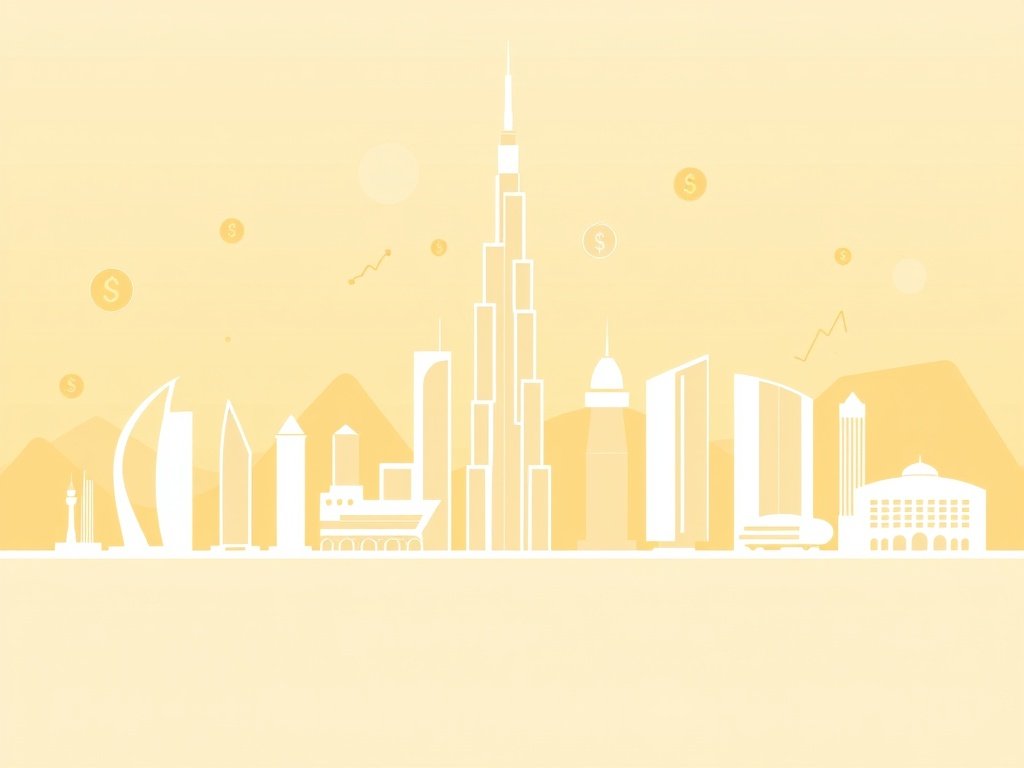 Moderne skyline van Dubai met abstracte financiële elementen in warme goud-beige tinten.