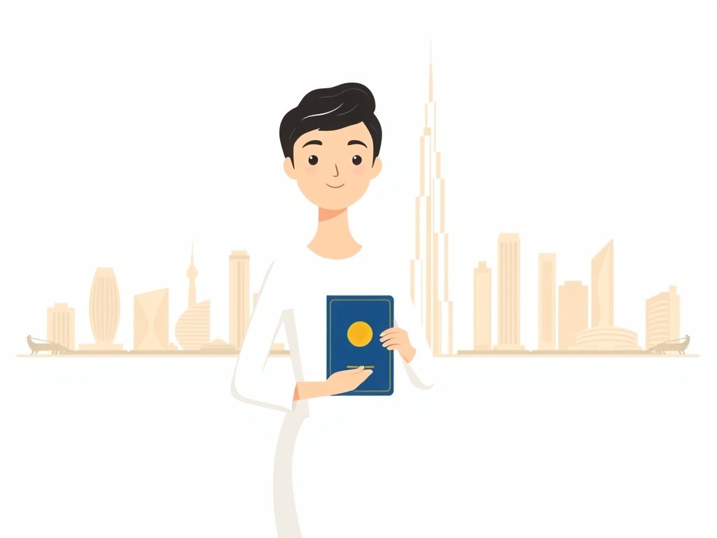 Minimalistische illustratie van een genderneutraal figuur met paspoort voor de skyline van Dubai in warme goud-beige tinten.
