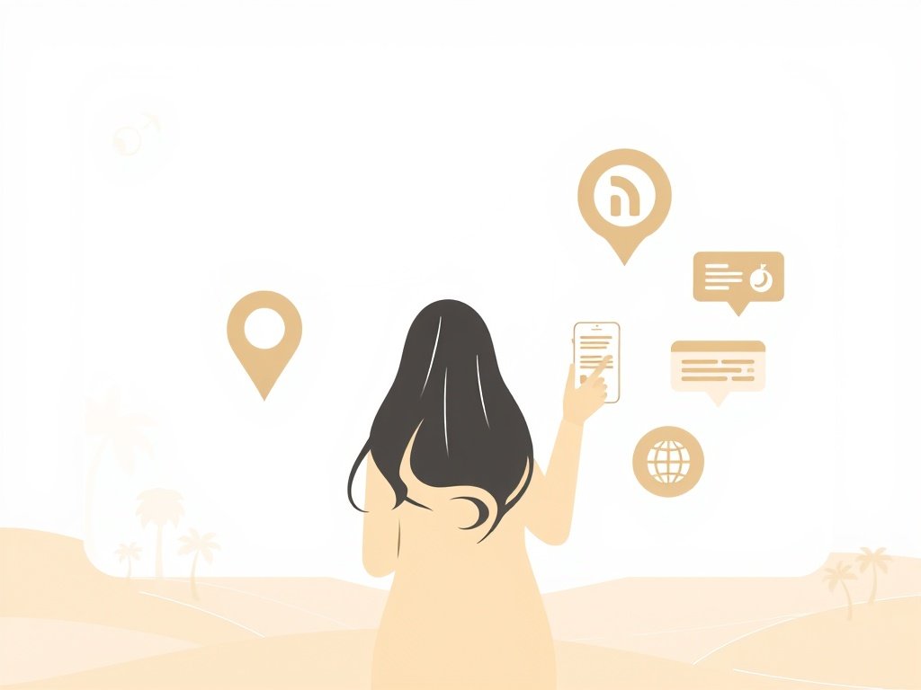 Abstracte digitale interface met kaart van Dubai en visa-elementen in een warme goud-beige kleurencompositie.