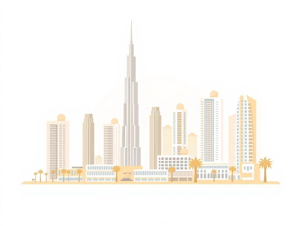 Dubai skyline met iconische wolkenkrabbers en palmbomen in goud-beige minimalistische stijl.