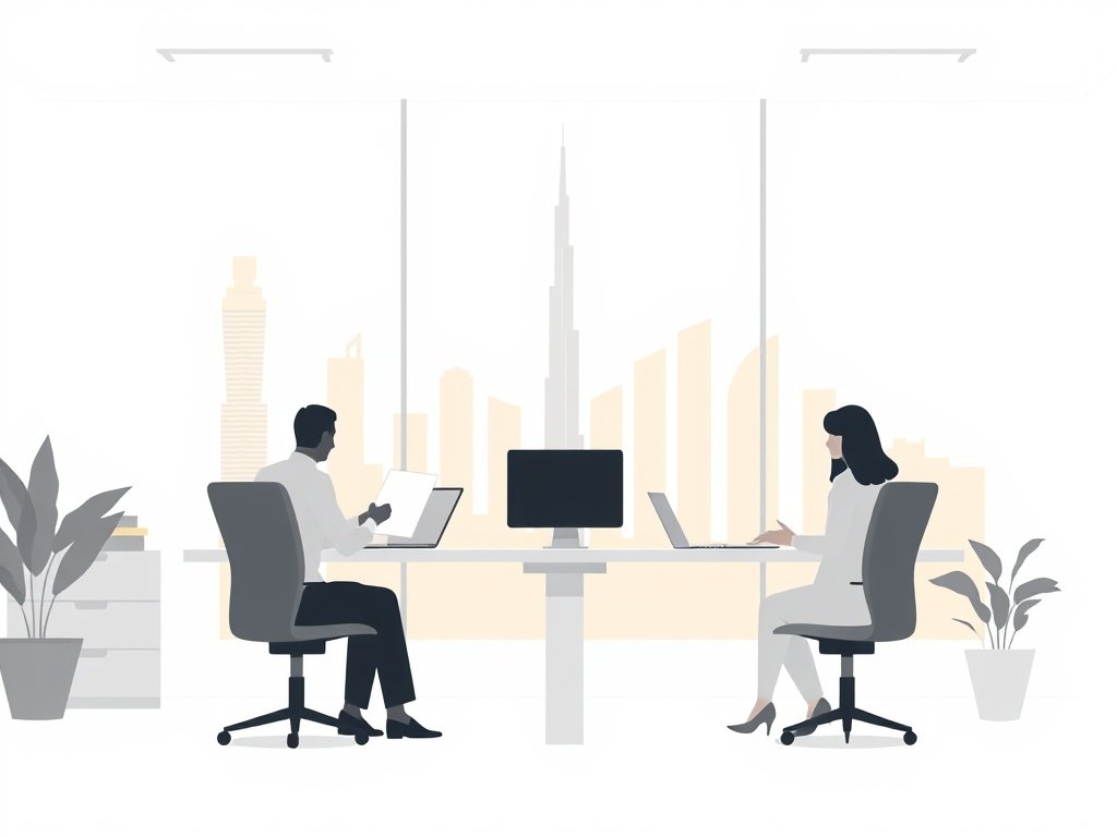 Abstracte kantooromgeving met genderneutrale silhouetten en digitale elementen in een warme goud-beige kleurstelling.