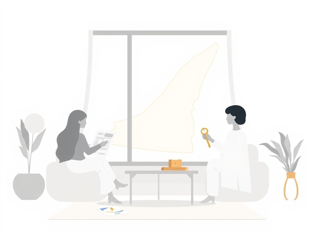 Minimalistische illustratie met abstracte woningdocumenten en een Dubai locatie in warme kleuren.