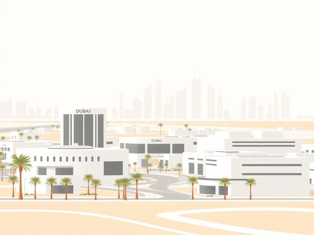 Minimalistisch vectorillustratie van een modern vrijhandelszone bedrijventerrein in Dubai met abstracte kantoorgebouwen en palmbomen.