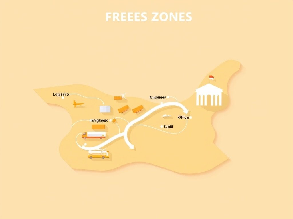 Conceptuele vectorillustratie van een kaart met symbolen voor de vrijhandelszones in Dubai in warme goud-beige tinten.