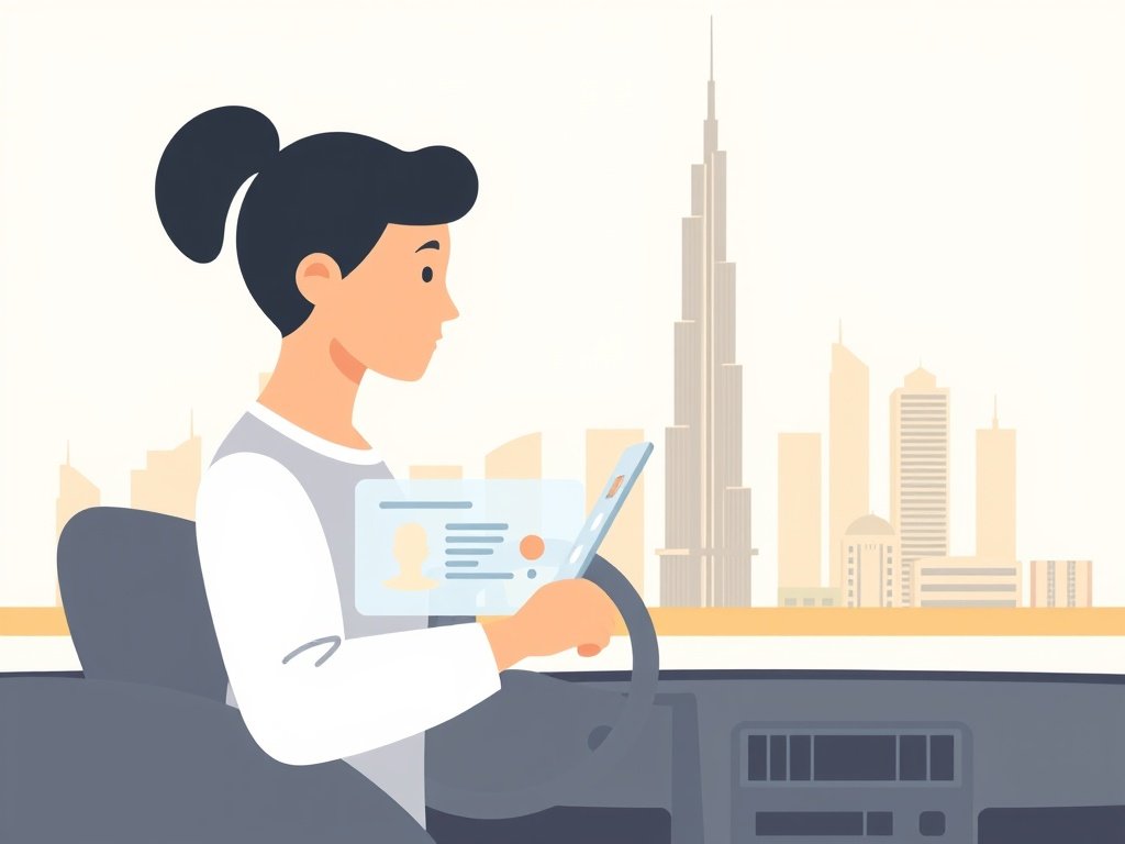 Minimalistische vectorillustratie van abstracte digitale rijbewijsinterface met Dubai skyline op de achtergrond.
